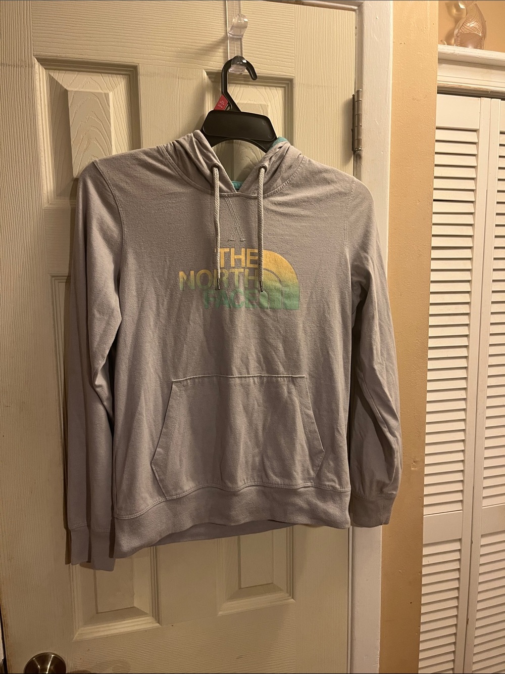 The North Face Light Gray Crewneck Hoodie with Multicolor Logo